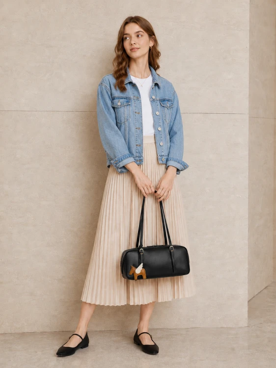 Czarna skórzana torebka damska typu baguette o wydłużonej, eleganckiej formie inspirowanej fasonem bowling bag łączy minimalistyczny design z subtelnym retro charakterem. Modelka.