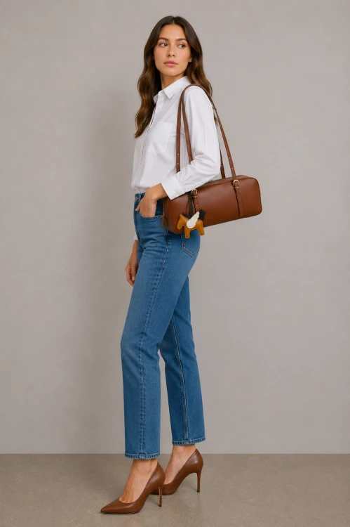 Skórzana torebka damska w eleganckim kasztanowym odcieniu brązu. Kształt torebki nawiązuje do klasycznych modeli bowling bag oraz baguette. Modelka
