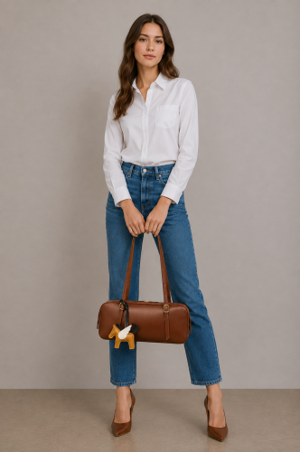 Skórzana torebka damska w eleganckim kasztanowym odcieniu brązu. Kształt torebki nawiązuje do klasycznych modeli bowling bag oraz baguette. Modelka