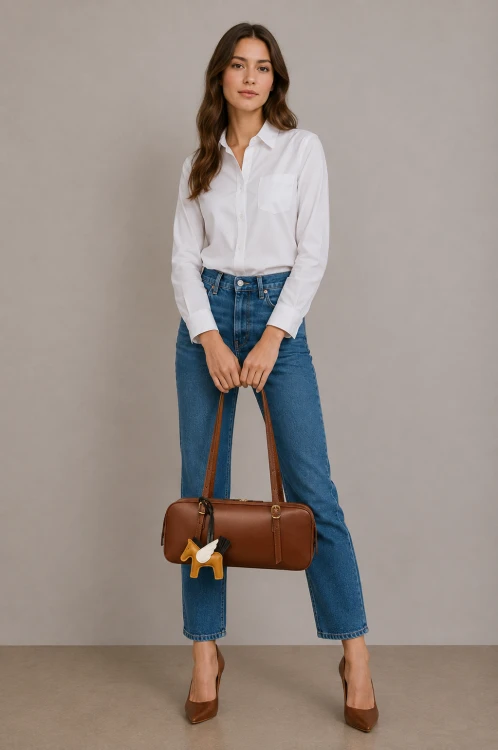 Skórzana torebka damska w eleganckim kasztanowym odcieniu brązu. Kształt torebki nawiązuje do klasycznych modeli bowling bag oraz baguette. Modelka