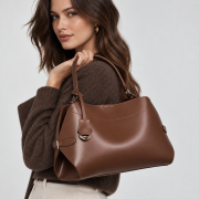 Brązowa skórzana torebka damska z naturalnej skóry bydlęcej. Rączka, regulowany pasek, wyjmowana saszetka i pojemne wnętrze. Do ręki, na ramię i crossbody. Model.