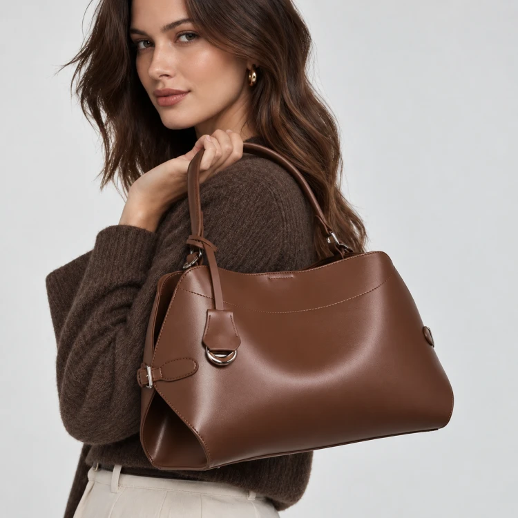 Brązowa skórzana torebka damska z naturalnej skóry bydlęcej. Rączka, regulowany pasek, wyjmowana saszetka i pojemne wnętrze. Do ręki, na ramię i crossbody. Model.