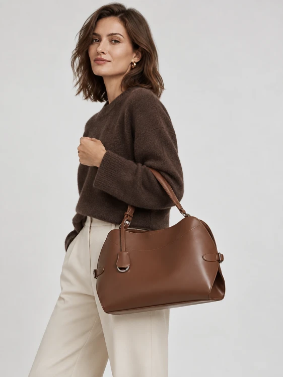 Brązowa skórzana torebka damska z naturalnej skóry bydlęcej. Rączka, regulowany pasek, wyjmowana saszetka i pojemne wnętrze. Do ręki, na ramię i crossbody. Model.