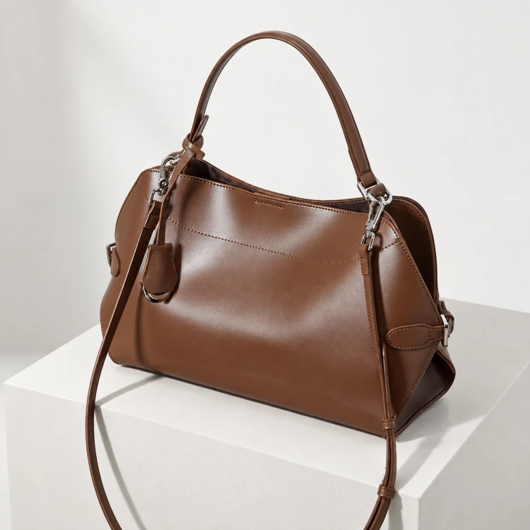 Brązowa skórzana torebka damska z naturalnej skóry bydlęcej. Rączka, regulowany pasek, wyjmowana saszetka i pojemne wnętrze. Do ręki, na ramię i crossbody.