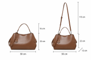 Brązowa skórzana torebka damska z naturalnej skóry bydlęcej. Rączka, regulowany pasek, wyjmowana saszetka i pojemne wnętrze. Do ręki, na ramię i crossbody. Wymiary.