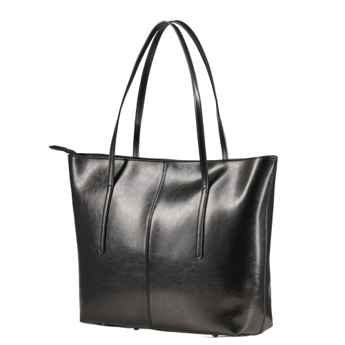 czarna torba skórzana typu shopper, duża i pojemna, zamykana na suwak. Bok