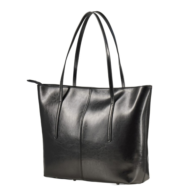 czarna torba skórzana typu shopper, duża i pojemna, zamykana na suwak. Bok