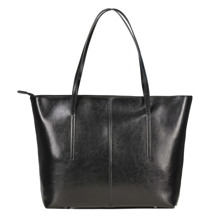 czarna torba skórzana typu shopper, duża i pojemna, zamykana na suwak.