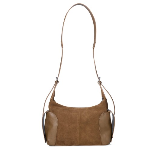 Brązowa zamszowa torebka damska typu shoulder bag. Naturalna skóra, boczne kieszenie na magnes, kieszeń na telefon i kieszeń na suwak. Elegancka i praktyczna.
