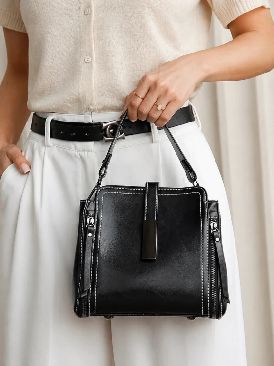 Czarny kuferek ze skóry bydlęcej top grain leather. Sztywna forma, miejski charakter, minimalistyczne detale i ponadczasowa elegancja do codziennych stylizacji.