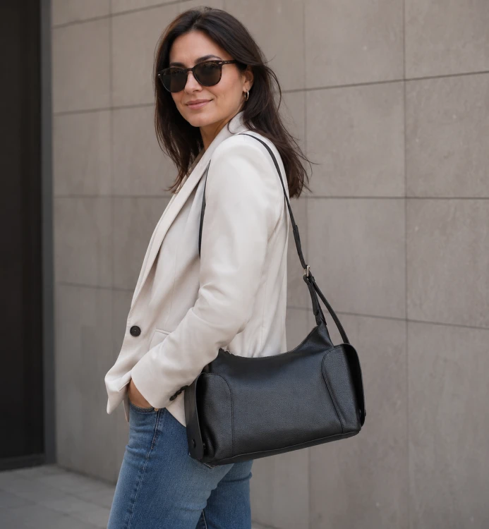 uniwersalna, miejska torba typu shoulder bag. Dzięki miękkiej formie, czarnej skórze i minimalistycznym detalom pasuje zarówno do codziennych, jak i bardziej eleganckich stylizacji.