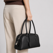 Czarna skórzana torebka typu bowling łączy ponadczasową elegancję z dopracowanymi detalami. Model - zbliżenie.